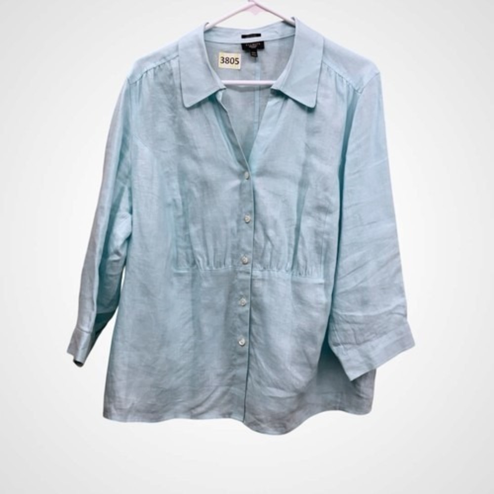 NWOT Talbots Aqua Green Button Up Shirts Blouse Women 14W Thailand 100% Linen